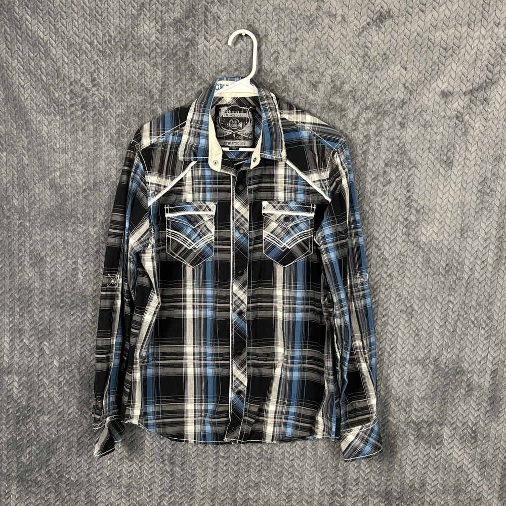Buckle Black Label No 48 Size M Athletic Fit Black Plaid Long Sleeve Western